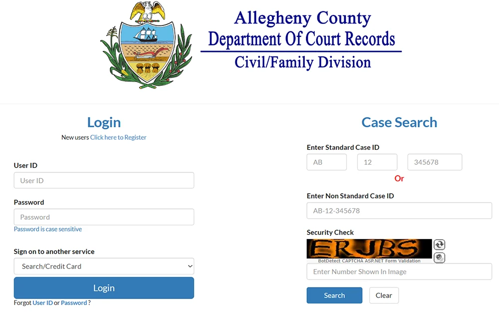 A screenshot of the Allegheny County Department of Court Records website's Civil/Family Division case search page shows a login option on the left side; on the right side, there is a search criteria section where users can enter information such as case ID and complete a security check.