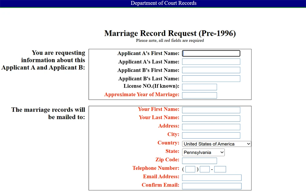 A screenshot of the Allegheny County Department of Court Records website displays the pre-1996 marriage record request page, featuring search bars for applicants' names and marriage license year, and fields for the recipient's information.