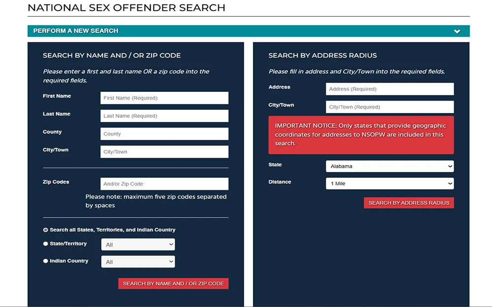 A screenshot of the National Sex Offender Public Website displays the advanced search page for sex offenders, featuring search criteria such as full name, address, and zip codes.