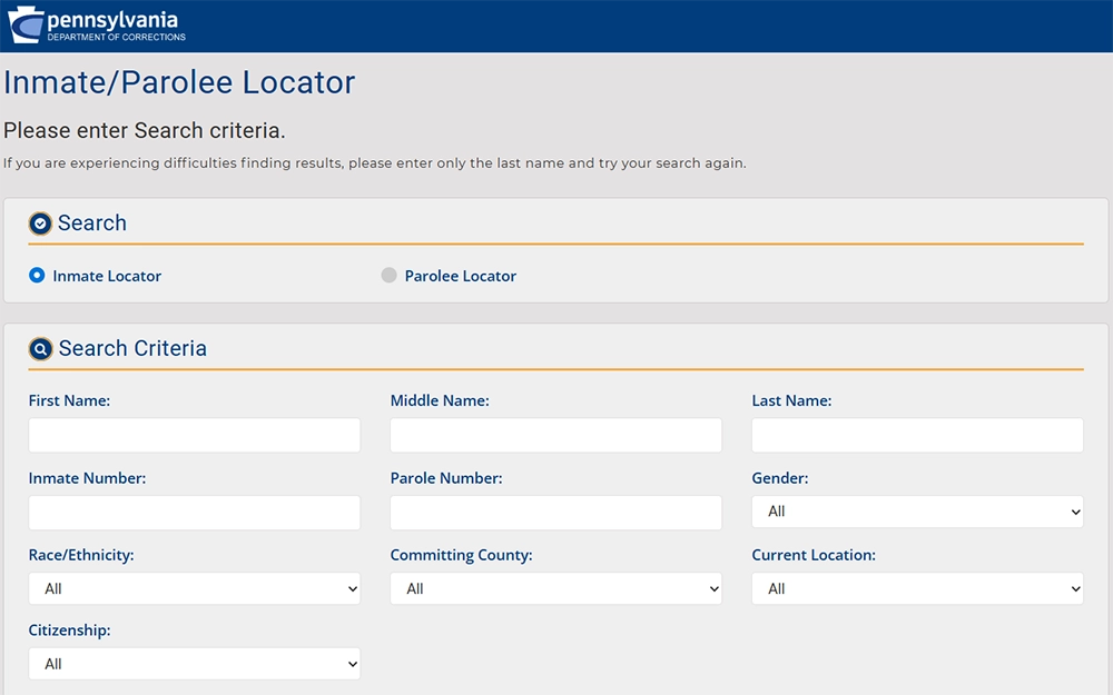 A screenshot of the Pennsylvania Department of Corrections website shows the inmate/parolee locator tool page, featuring search criteria including fields for full name, inmate/parolee number, gender, race, committing county, current location, and citizenship.