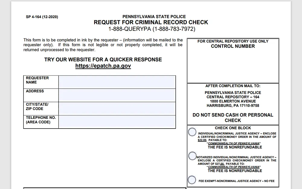 A screenshot of the criminal record check request form from the Pennsylvania State Police website displays empty fields for information, including requester name, address, and telephone number.