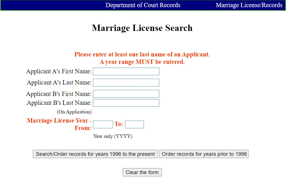 Screenshot of the marriage license search tool with fields for applicants' names, marriage year range, and an option to search from 1996 to present or before 1996.