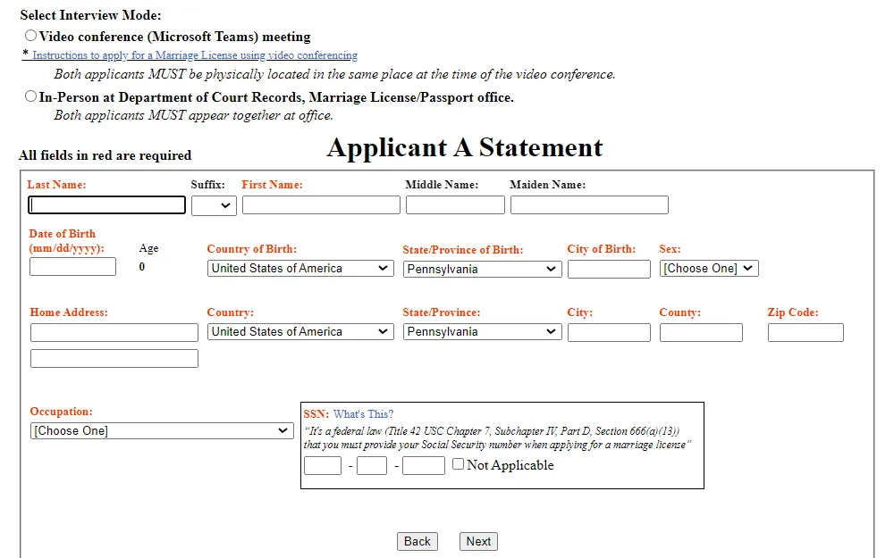 A screenshot of the online application form for license of marriage in Allegheny county, displaying the section for applicant 'A' information, and an option for interview mode.