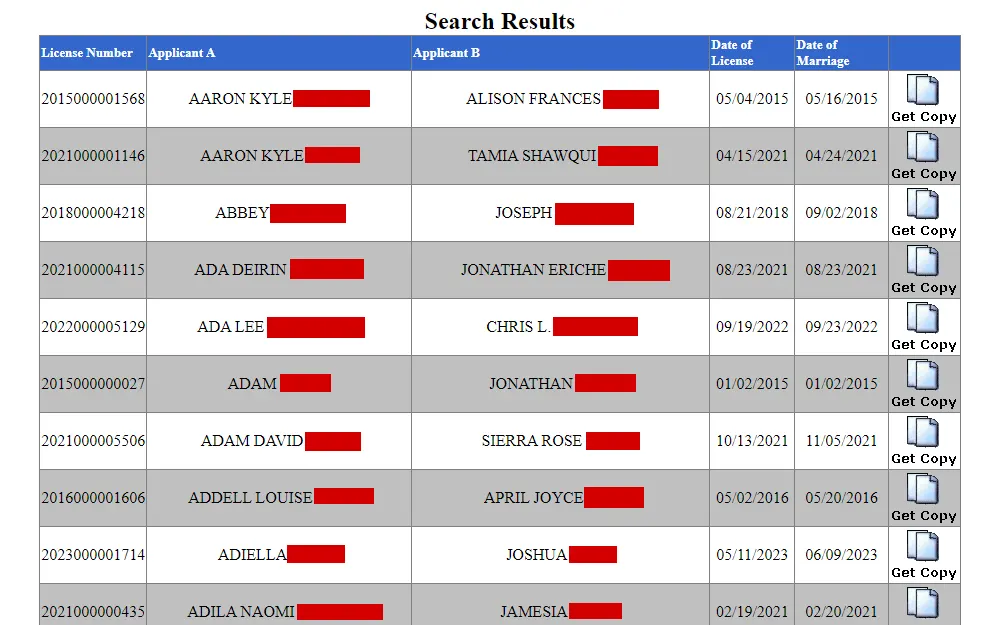 A screenshot of the results from the online license search of the county's Department of Court Records listing the names of both parties, dates of license and marriage, license number, and an option to get a copy.