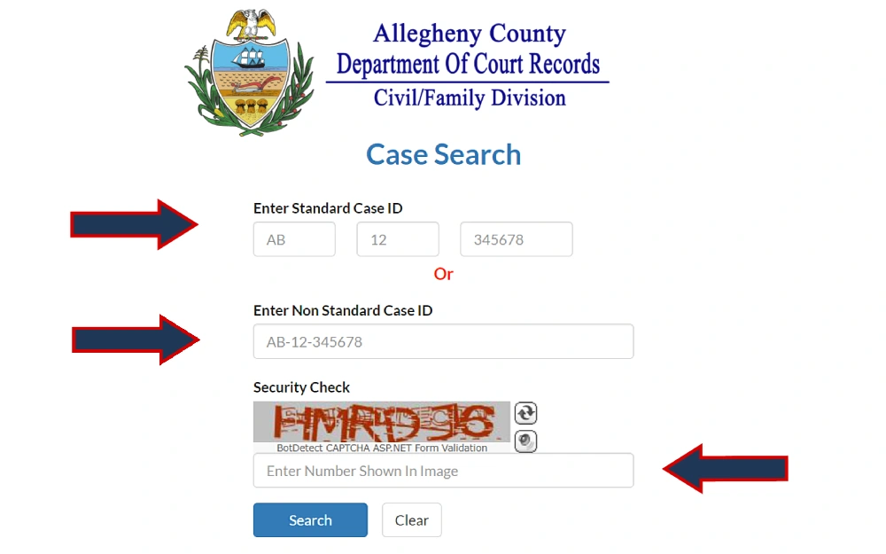 A screenshot showing a case search from the Allegheny County Department of Court Records, Civil/Family Division website requiring information such as standard case ID or non-standard case ID and security check code.